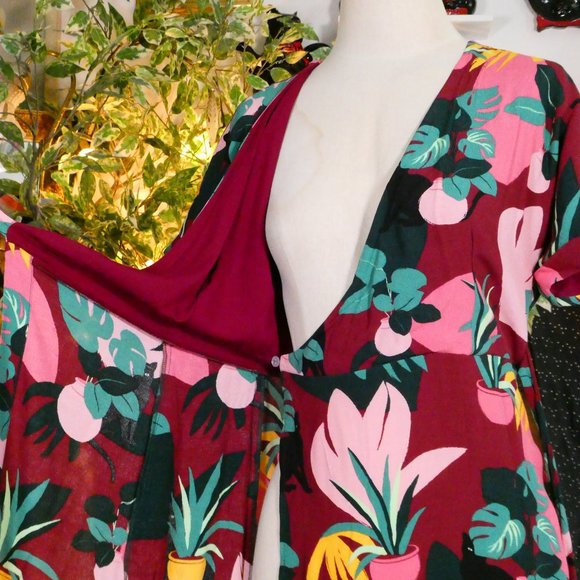 Emily and Fin 1950's Style House Plant & Hidden Cat Wrap Day Dress Sz XS - Picture 11 of 13